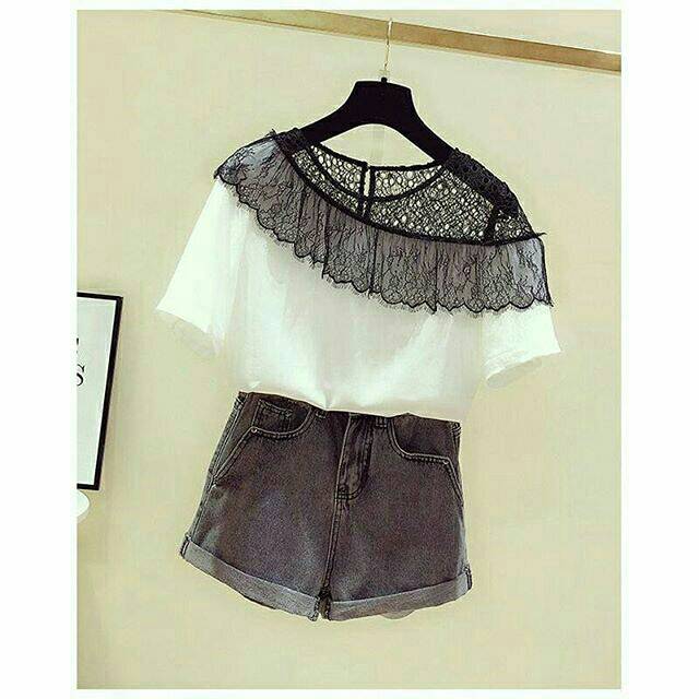 Blouse wanita putih sifon brukat korea model duo warna lengan pendek elegant