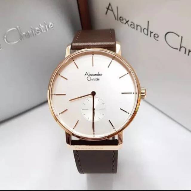 Alexandre christie original ac8572 tali kulit coklat rosegold jam pria