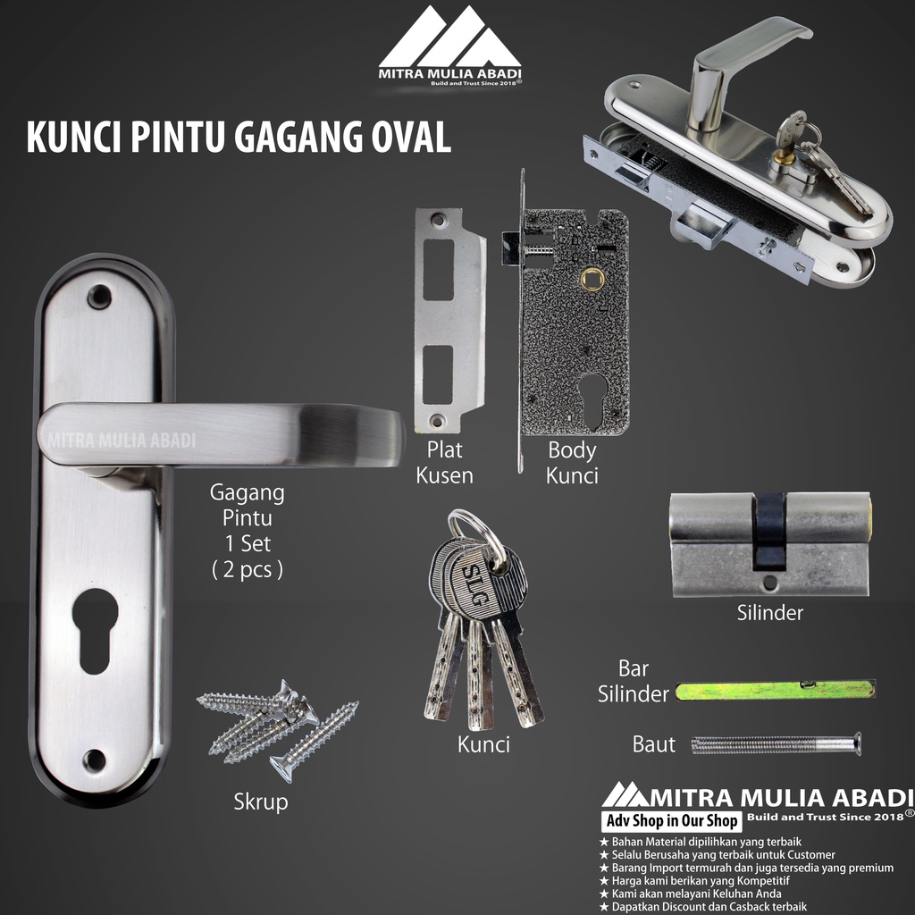 Kunci Pintu Rumah Gagang Oval Silinder Soligen Silver 1 Set Komplit 20 cm