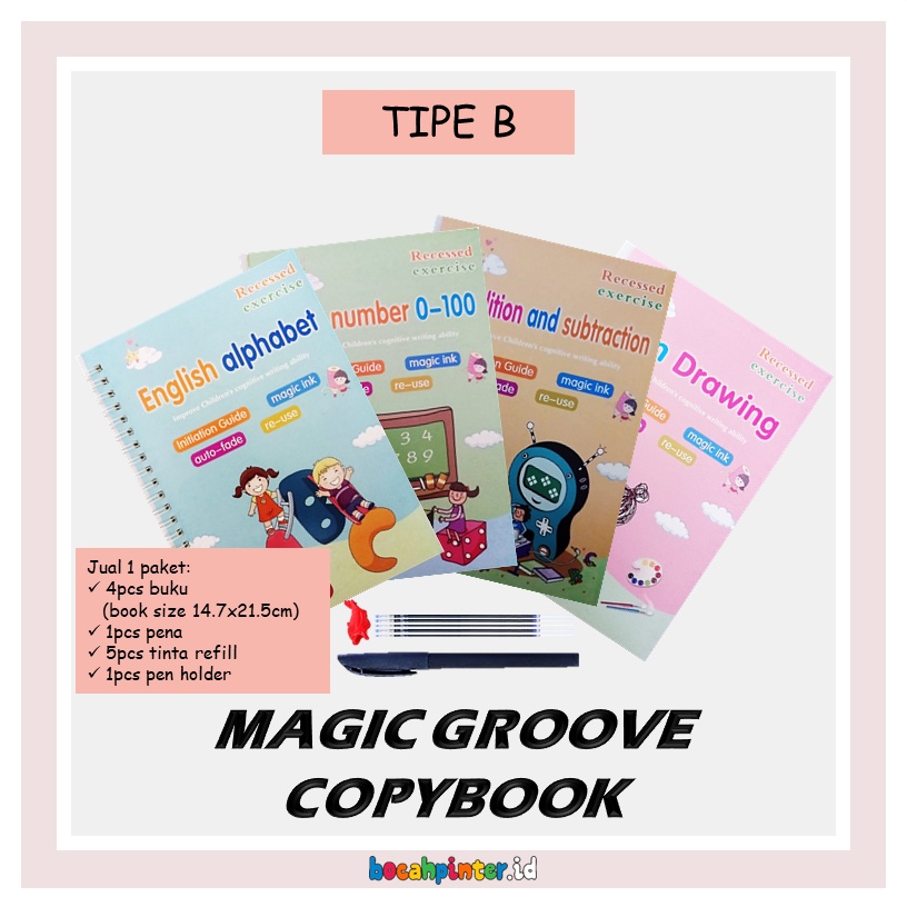 Magic Groove Copybook | Belajar Menulis Ajaib | Prewriting / Pra - Menulis | Mainan Edukasi Anak-B - 1 Paket (4 buku)