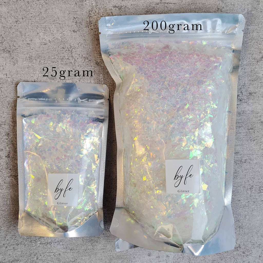 BYFE HOLOGRAM AURORA FLAKES GLITTER WHITE bahan kerajinan art 200gram