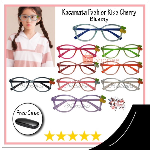 Kacamata Anak Fashion Anti Radiasi Hp Blue Ray Gaming Komputer Untuk cowo cewe Kaca Mata Gaya Anti Sinar Biru Bingkai Oval Motif Cherry Unisex FREECASE