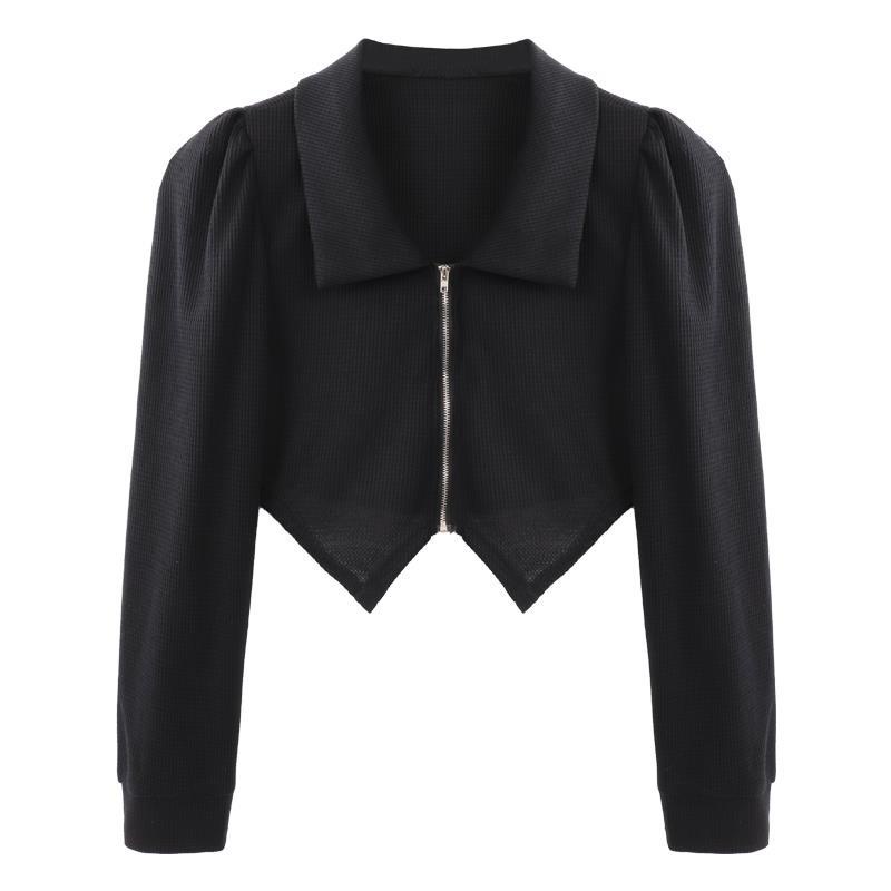 Lengan puff manis dan pedas yang chic POLO kerah kemeja wanita musim gugur dan musim dingin ramping desain bottoming kemeja bottoming dengan top