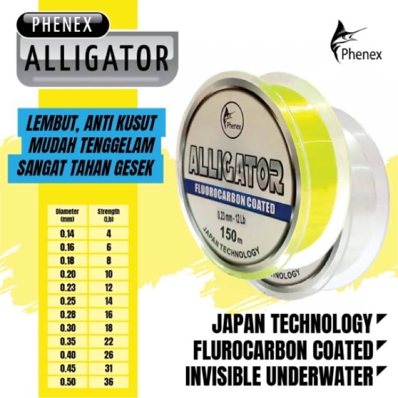 Senar Pancing Lembut Phenex Alligator Fluorocarbon Coated 150m Japan Quality
