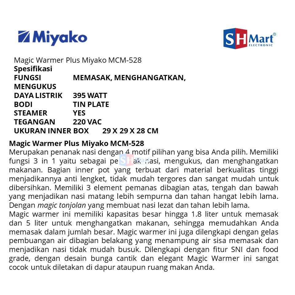 MIYAKO RICE COOKER 3 IN 1 MAGIC WARMER 1.8 L MCM 528 / MCM528 / MCM-528 (MEDAN)