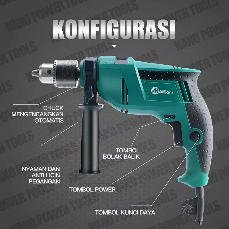 MAILTANK SH09 Mesin Bor Impact Drill 13 mm Sh-09 / Mesin Bor Tangan Listrik 13mm Bor Tembok Beton Kayu Dengan Tenaga Super Power ( FREE SARUNG TANGAN )