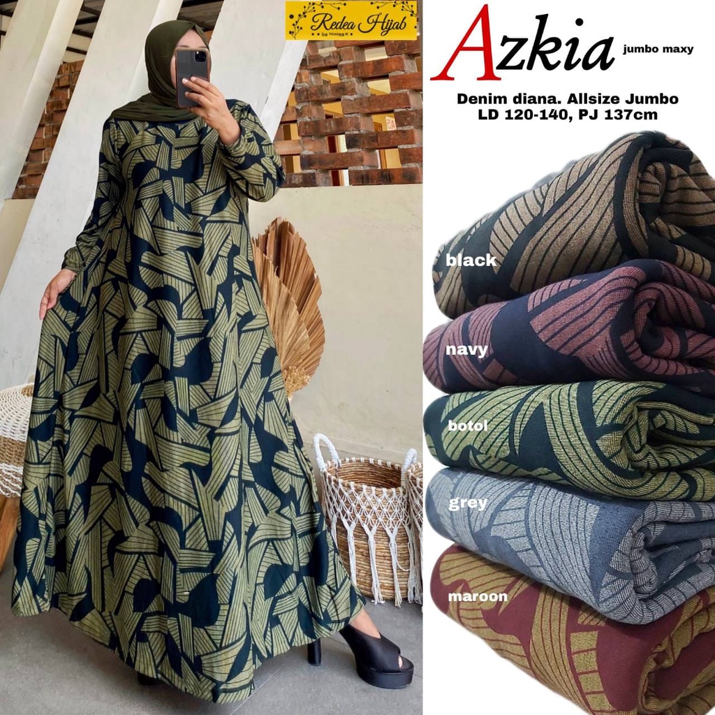 gamis jumbo wanita ld 120-140 azkia maxy dress allsize big size mat denim diana ori redea hijab