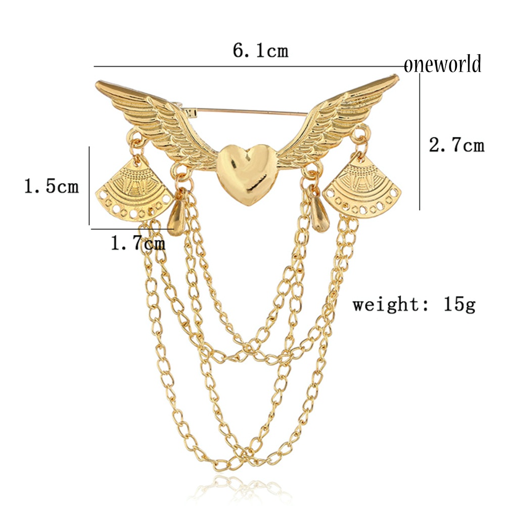 OW@ Retro Angel Wing Heart Shirt Suit Collar Tip Lapel Brooch Pin with Chain Tassel