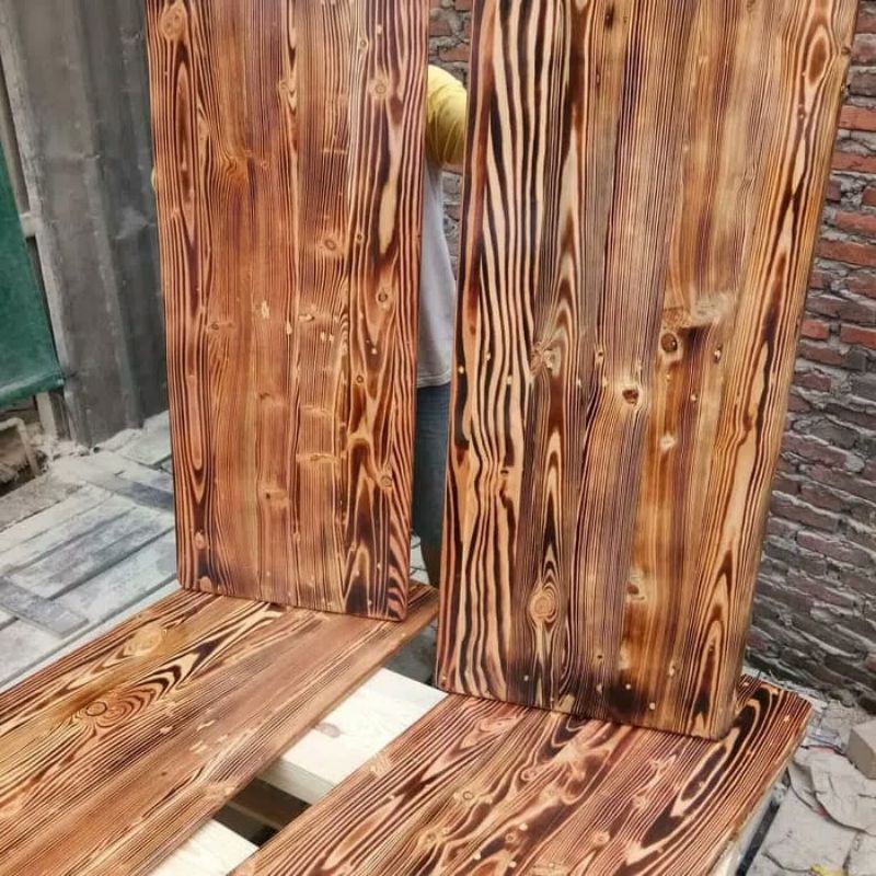 Papan kayu jati Belanda 120x40x2cm motif bakar vernis