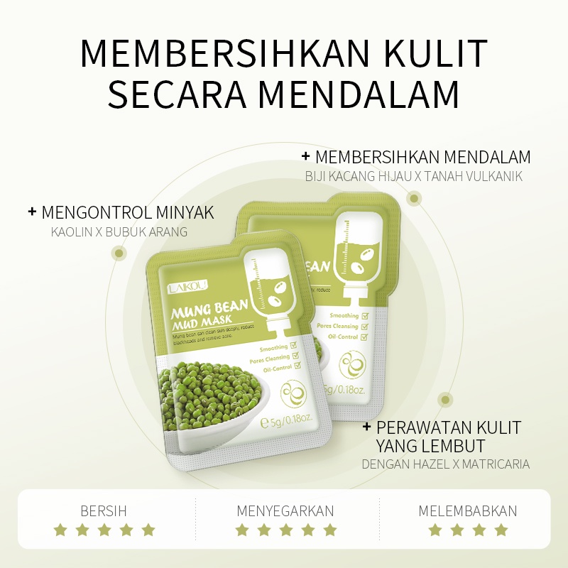 LAIKOU Green Bean Mud Mask Membersihkan Pori-pori Melembutkan Kulit 5g