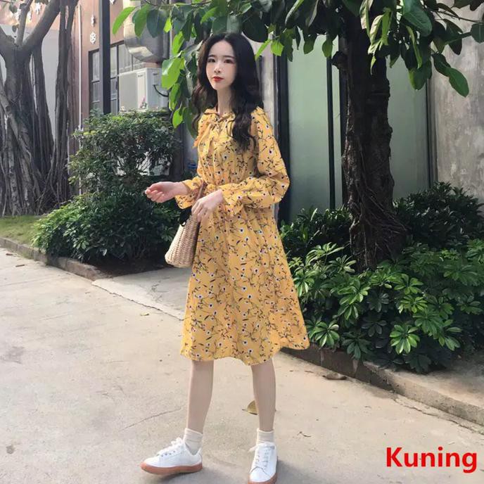 Pengiriman Cepat dress sifon model korea/ dress sifon motif bunga high quality ON SALE