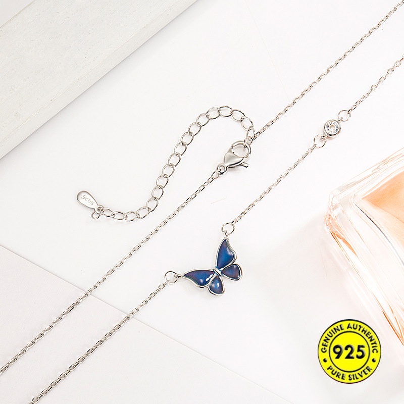 Kalung Desain Kupu-Kupu Bahan S925 Silver Sensitif Suhu Berubah Warna Untuk Wanita Butterfly