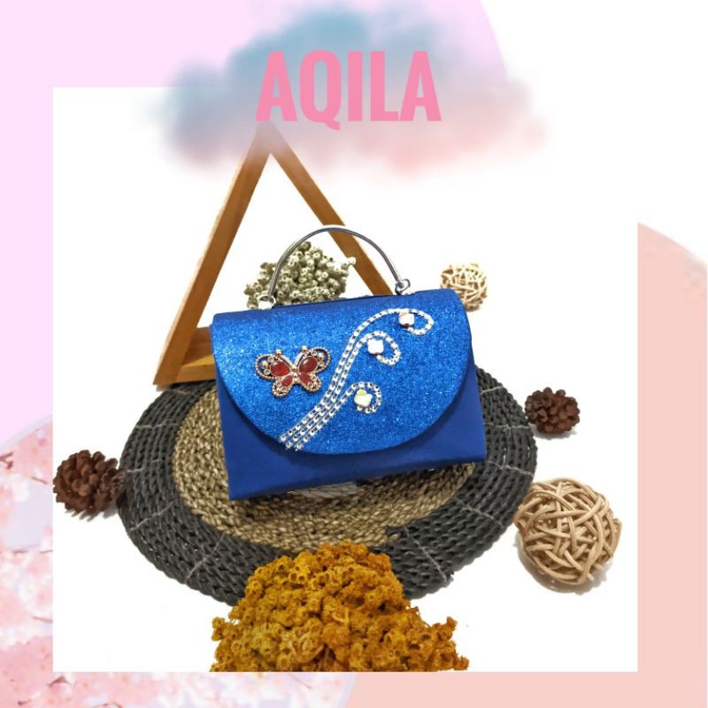 Tas pesta AQILAtas tangan ukuran 18×7×13cm  warna dark blue tosca violet blue gold silver dll