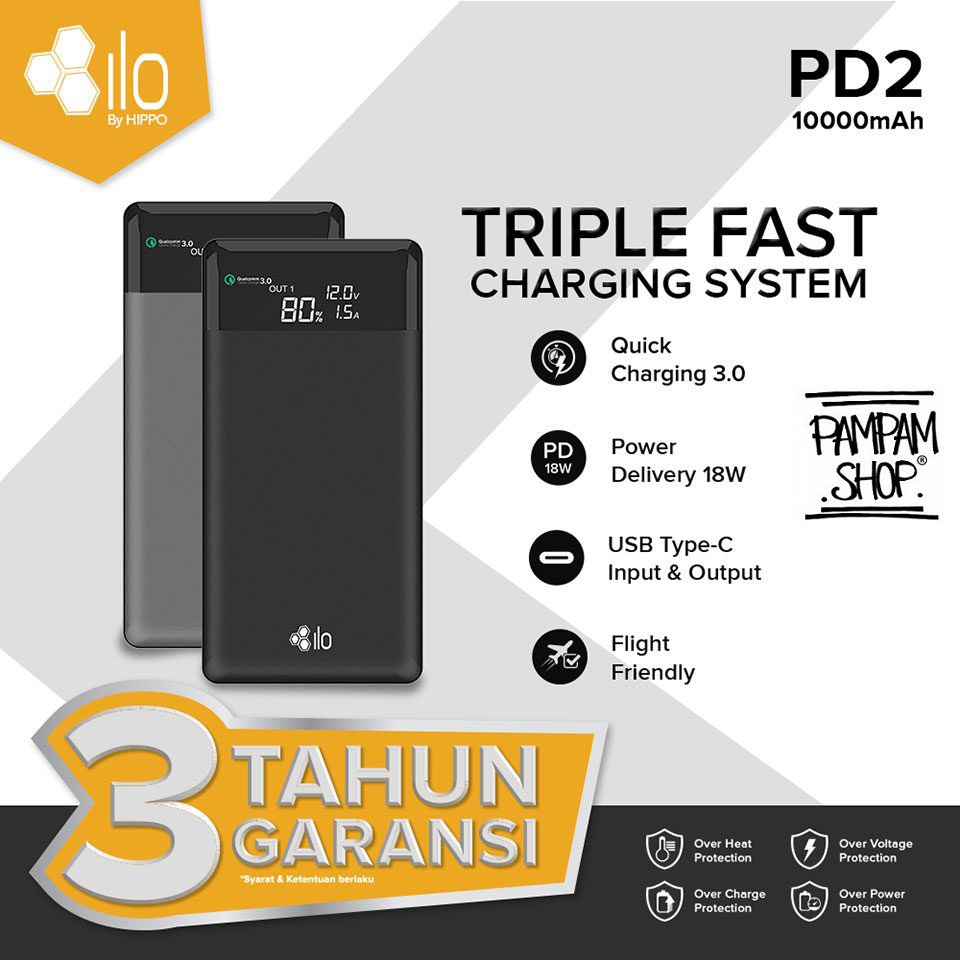 Hippo Powerbank ILO PD2 10000MAH Quick Fast Charging Type C 18W Simple Pack Power Bank 10000 mAh Ori