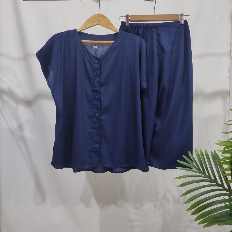 PIYAMA POLOS KANCING | PIYAMA BUSUI | BAJU SANTAI MURAH | HOMEDRESS MURAH | HOMEWEAR MURAH-VN 7/8 NAVY