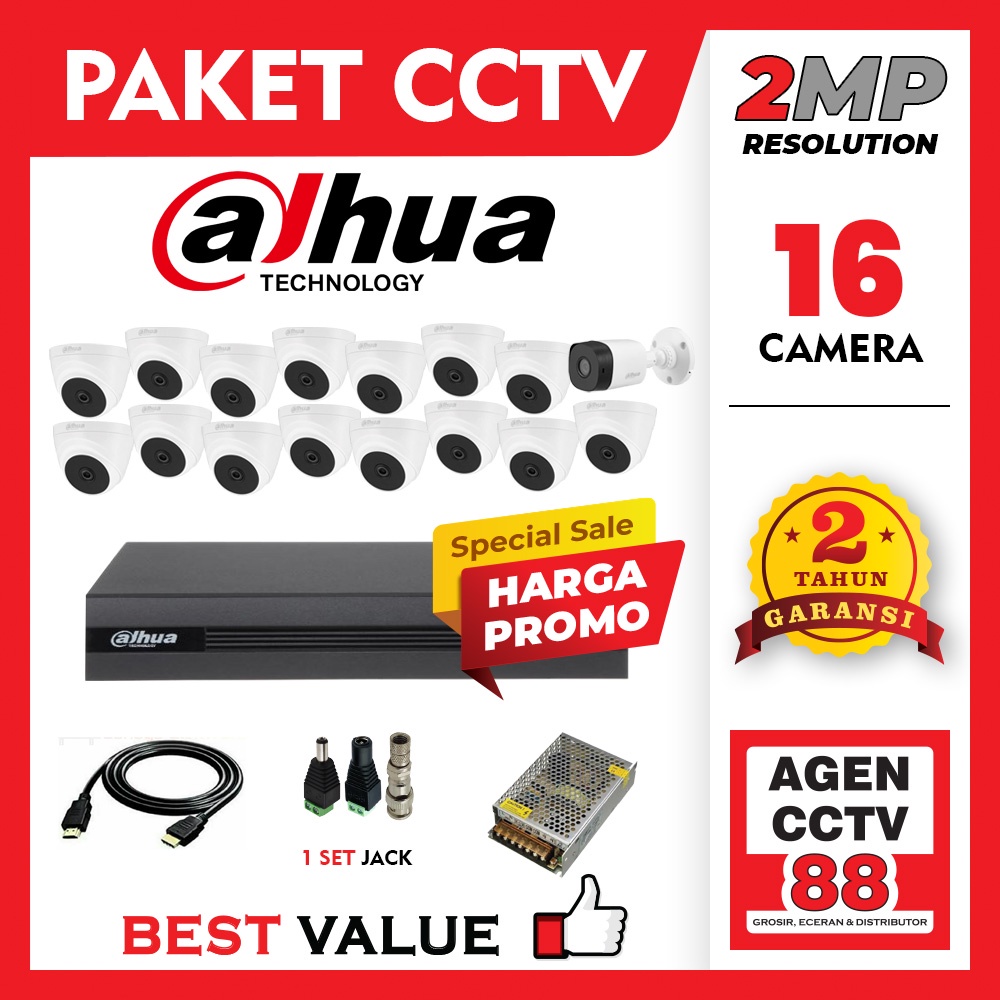 Paket 16 Kamera CCTV  DAHUA Full HD 2MP+DVR-16CH+KB-HDMI-KB-LAN+Free-Tas Batik