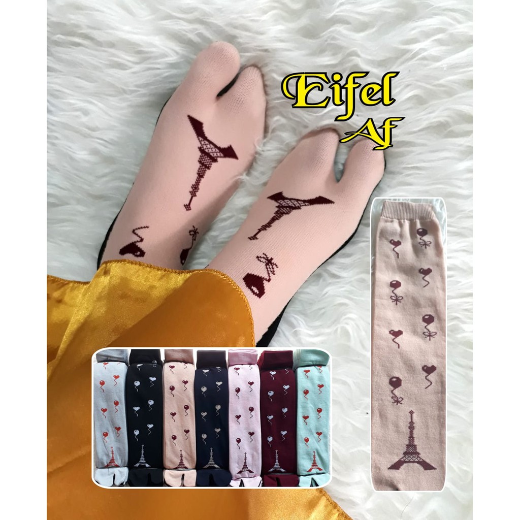 (11 WARNA) KAOS KAKI JEMPOL NILON MOTIF MUSLIMAH PARIS EIFEL  DEWASA TELAPAK HITAM