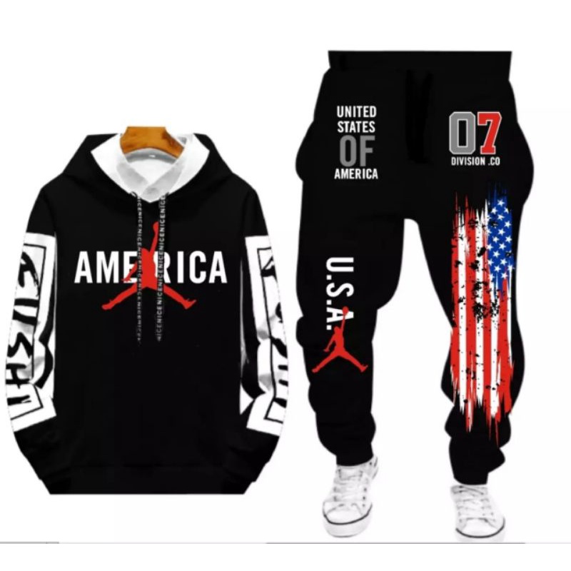 BAJU STELAN PRIA SETELAN AMERICA COWOK HOODIE + CELANA JOGGER