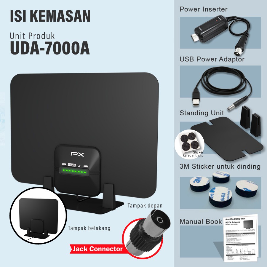 PX UDA-7000A Antena TV Digital Indoor Dinding DVB-T2 + Booster LED