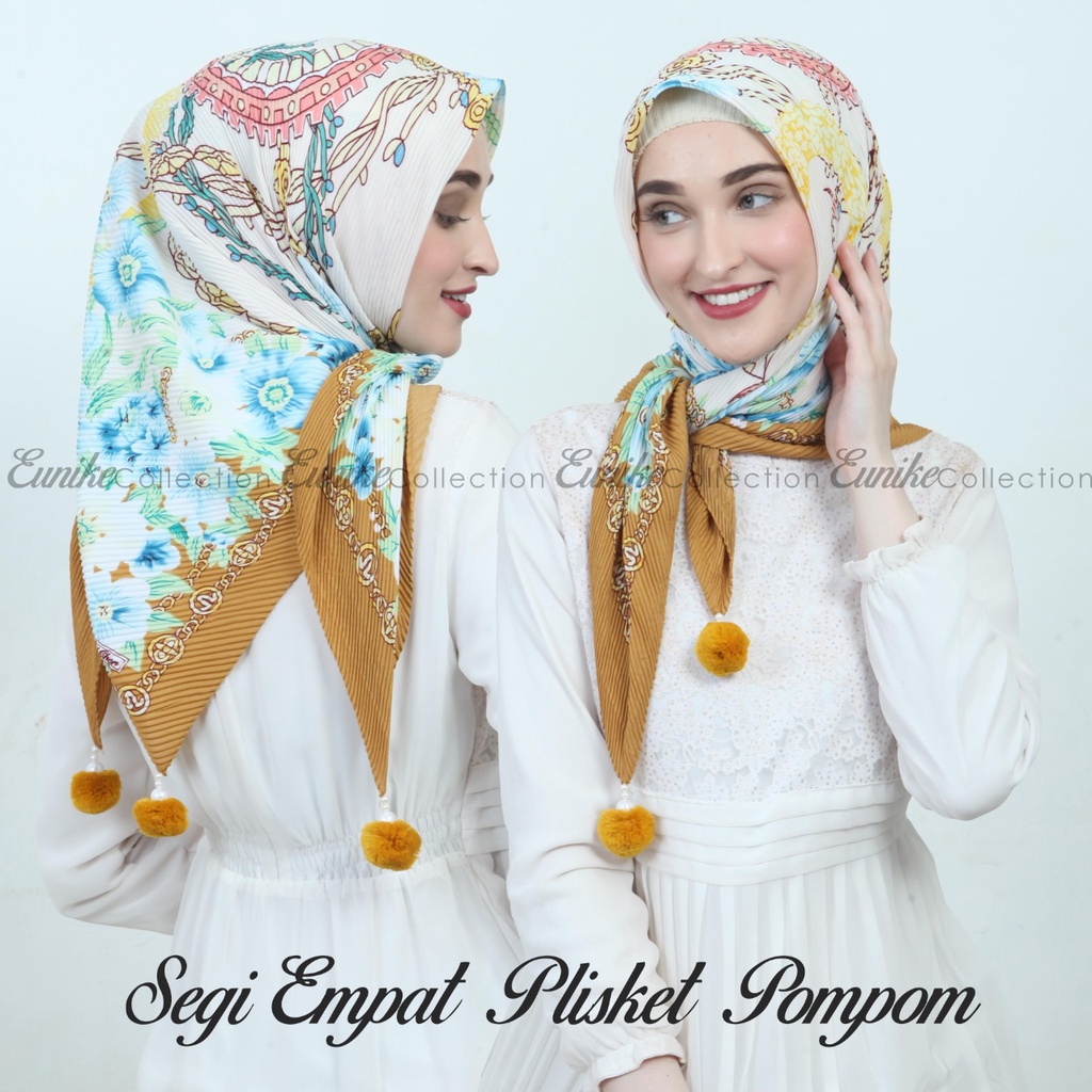 Jilbab Segiempat Segi Empat Plisket Jambul Pompom Berbagai Bahan Maxmara Voal Square BY QOID