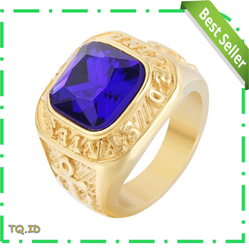 Cincin Emas 18k Aksen Batu Permata Sapphire Biru Bahan Baja Titanium Untuk Pria