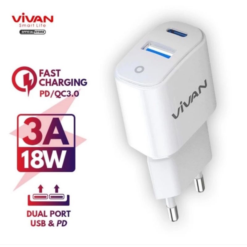 Charger VIVAN Dual Port USB QC3.0 &amp; Type-C (PD) 3A 18W Power Super II