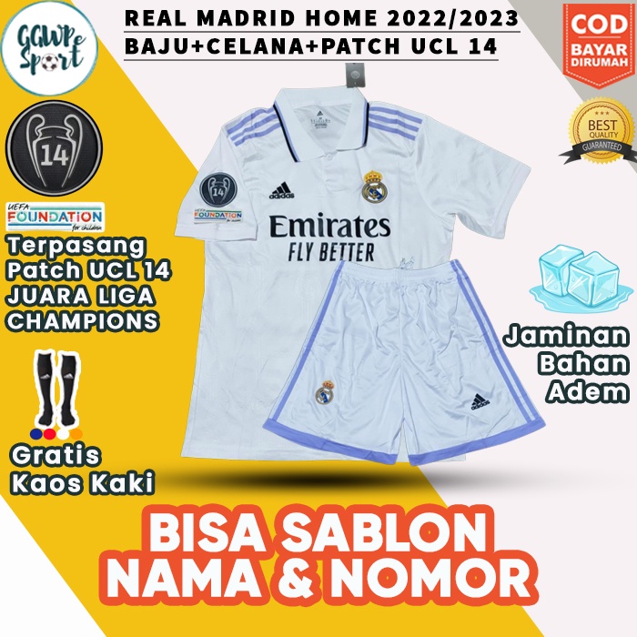 JERSEY REAL MADRID 2023 2024 HOME SETELAN FULL PATCH UCL PUTIH TERBARU KUALITAS JAMINAN TERBAIK