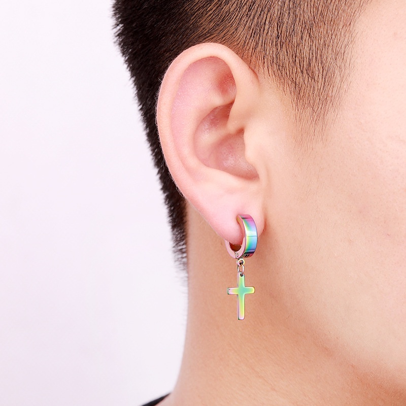 1 Pc Anting Stud Anti Pudar Bentuk Bulat Salib Bahan Titanium Gaya Hip Hop Punk Untuk Pria Dan Wanita