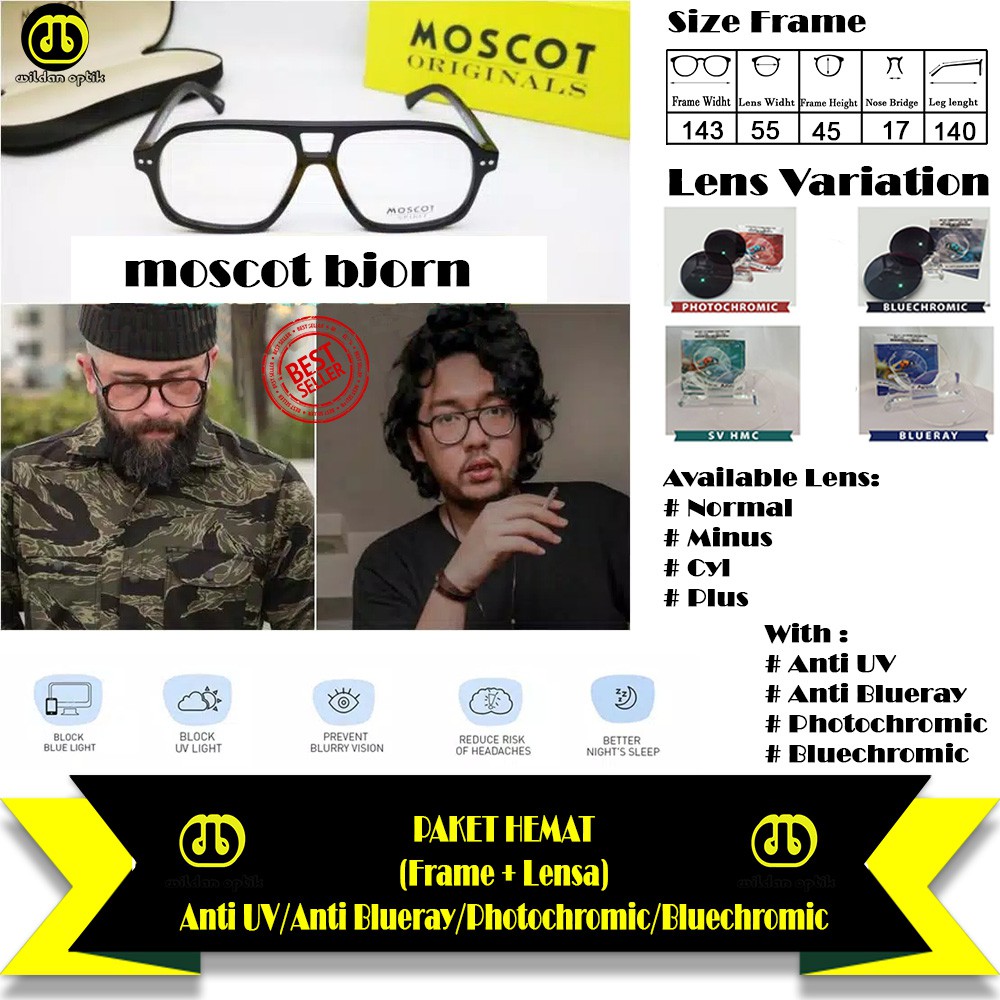 BEST SELLER PAKET KACAMATA(FRAME+LENSA) MOSCOT BJORN ANTI UV/BLUERAY/PHOTOCHROMIC/BLUECHROMIC