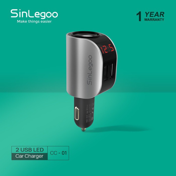 SinLegoo CC-01 Charger Mobil 2 USB LED Display Car Charger 2.1A Fast Charging GARANSI 1 TAHUN