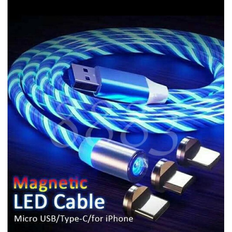 Kabel Data Charger Magnet Full LED 3in1 iPhone Micro Type C Support 2A