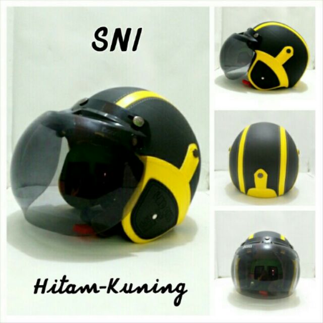 Helm Bogo Retro Kulit Klasik Hitam Pleret Kuning