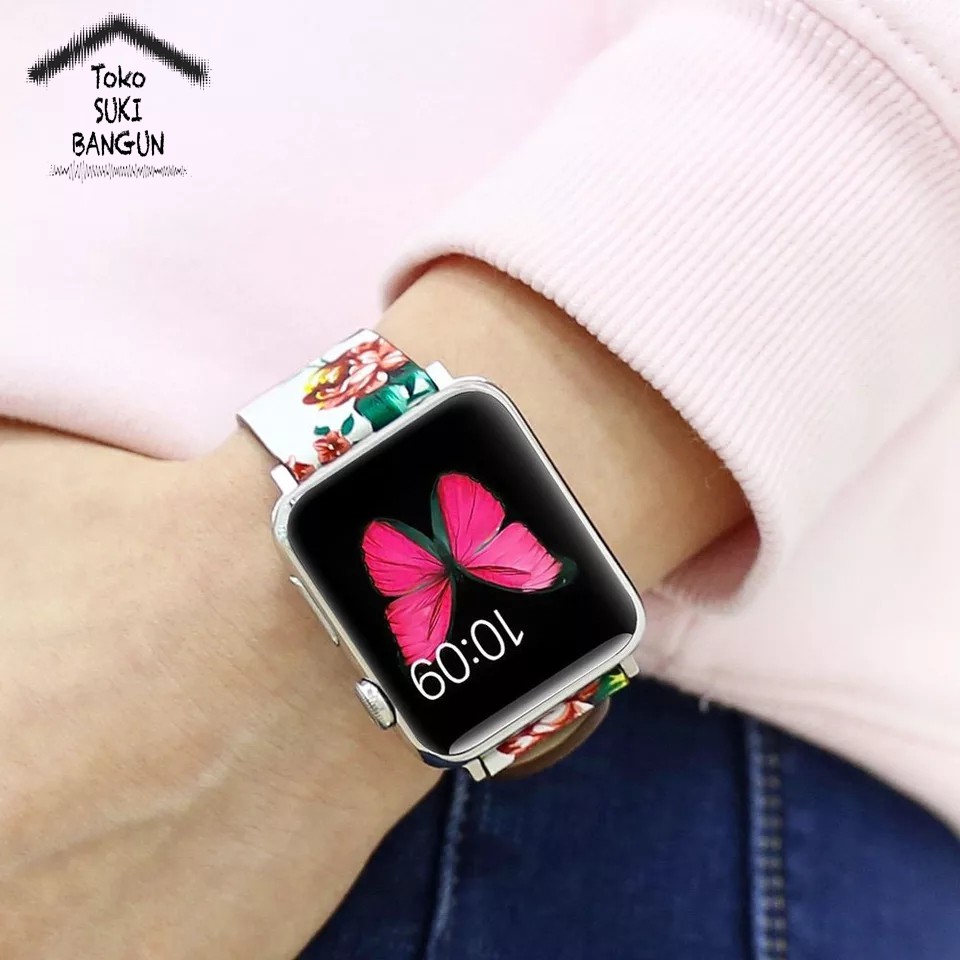 Strap Apple Watch Series 8 7 6 5 4 3 2 1 41mm 40mm 38mm TALI JAM Leather PRINTED FLOWER