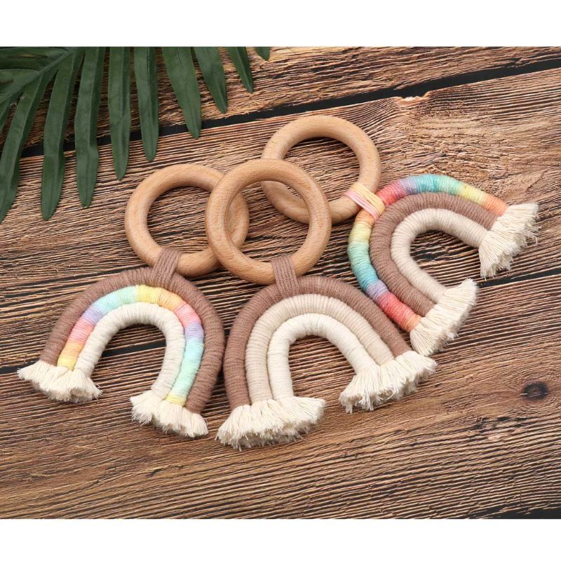 Mary Mainan Teether Ring Kayu Macrame Rumbai Boho Untuk Dekorasi Stroller Bayi