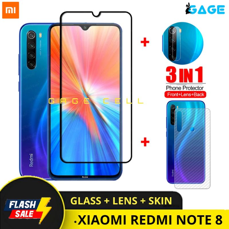 PROMO 3IN1 TEMPERED GLASS LAYAR KAMERA SKIN CARBON REDMI NOTE 8 2021 TG ANTI GORES DEPAN BELAKANG