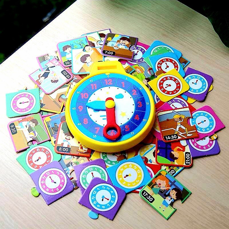 time cognition puzzle jigsaw belajar mengenal waktu jam mainan edukasi