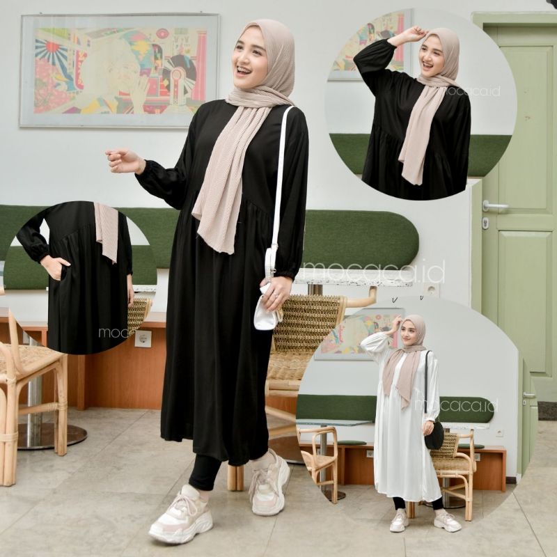 Midi Dress Rayon Twill Premium dan Katun Poplin Premium Hitam dan Putih A Line Babydoll super Cantik