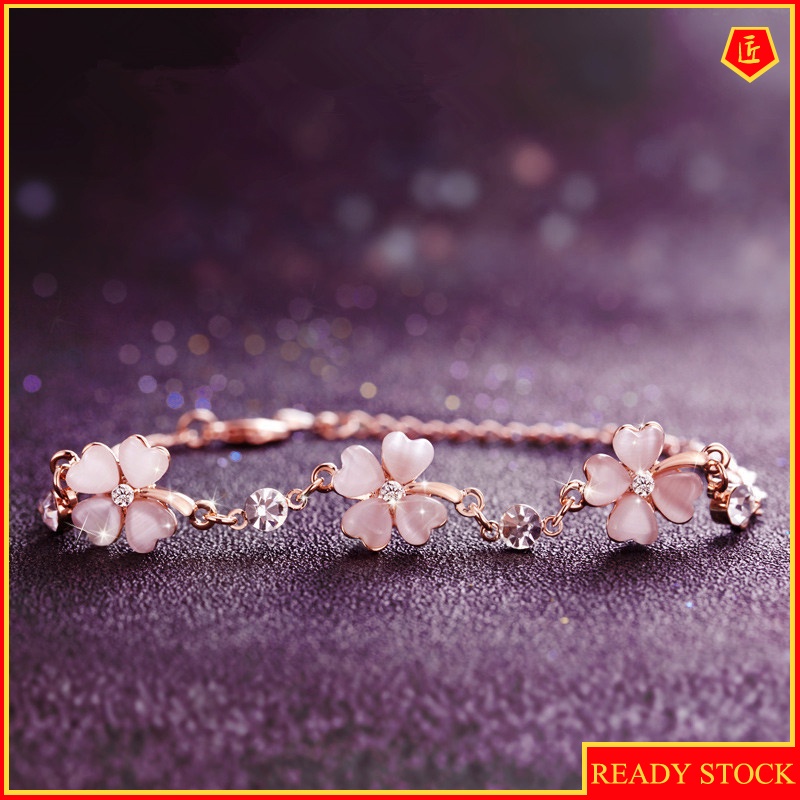 [Ready Stock]Peach Blossom Pink Crystal Four-Leaf Clover Bracelet