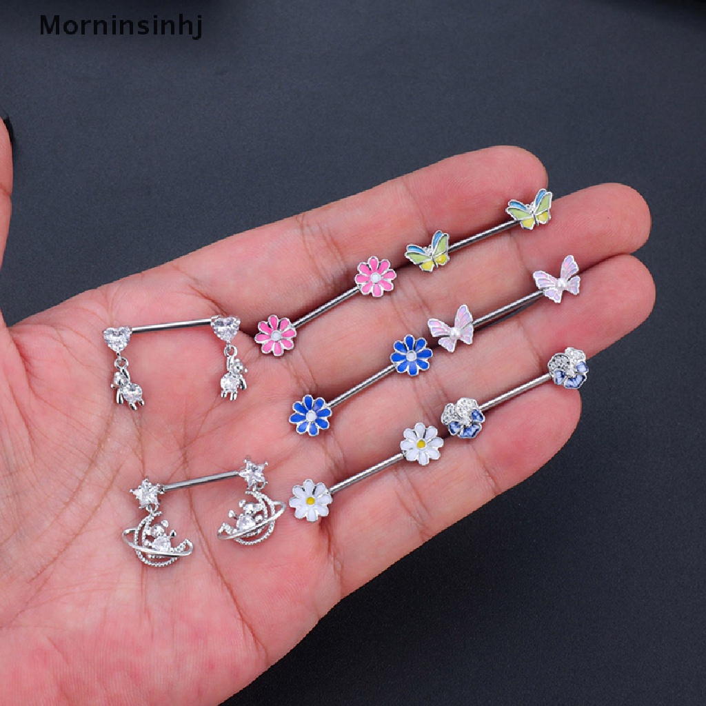 1 Pasang Cincin Tindik Puting Payudara Desain Butterfly Flower Bear Barbel Bahan Baja