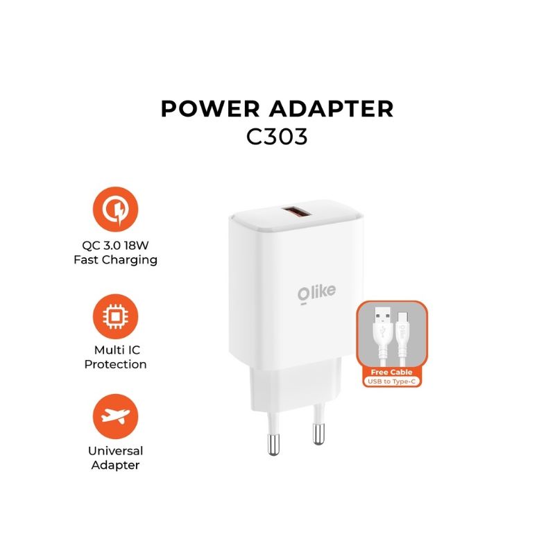 POWER ADAPTER VOOC QUICK CHARGE QC3.0 18W WITH KABEL TYPE C OLIKE C303