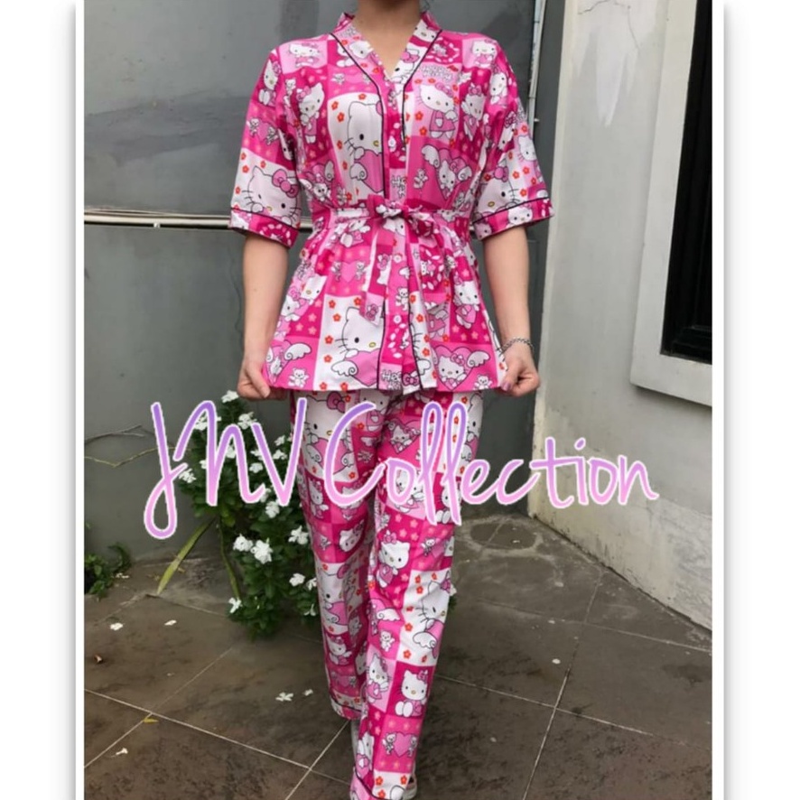 JNV Setelan Kimono CP Wanita Motif Karakter Kartun - Baju Tidur Kimono Lengan Pendek - Bahan Katun-HK Kotak Mini Pink