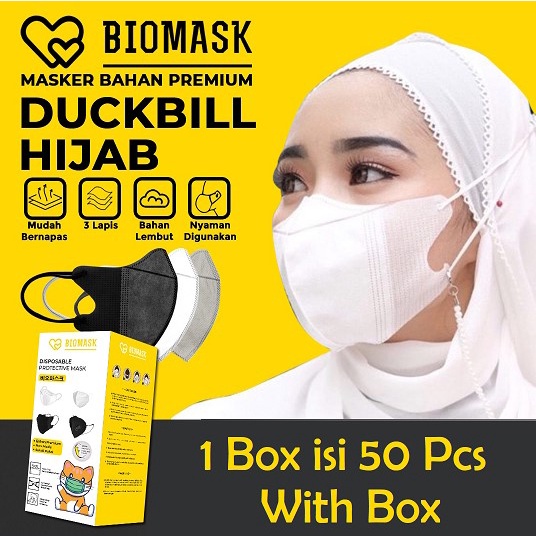 BIOMASK - Masker Duckbill Hijab 1Box isi 50Pcs Headloop Hitam / Putih / Abu abu BLACK WHITE Import 3