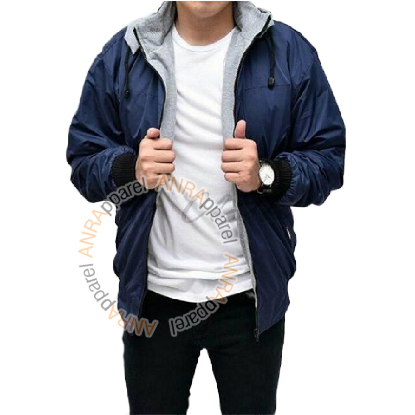 JAKET BOLAK BALIK 2in1 Bomber Parasut Fleece Hoodie Pria