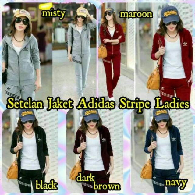 Setelan Adidas Jaket Wanita Stripe Santai/Casual/Kasual/Olahraga/Sport/Senam
