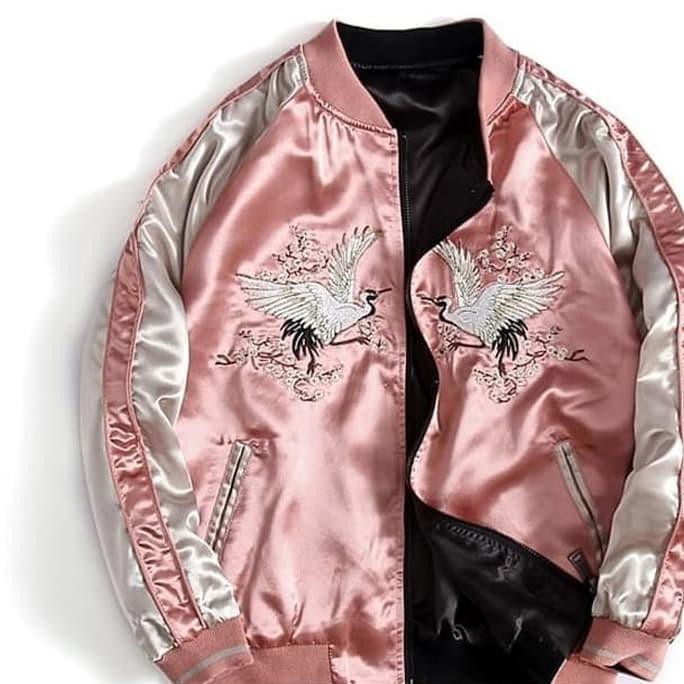 Sukajan Yokosuka Bomber Wanita Jepang Charming Swan Pink Black Silver Deevagrosir.Olshop