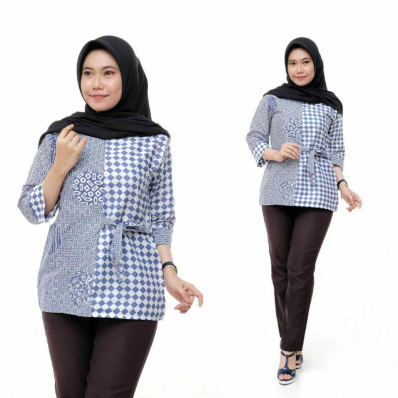[COD] tey-17 Batik wanita ASJ SA HRB026 Kenongo Kemeja Tosca Pendek-biruuu