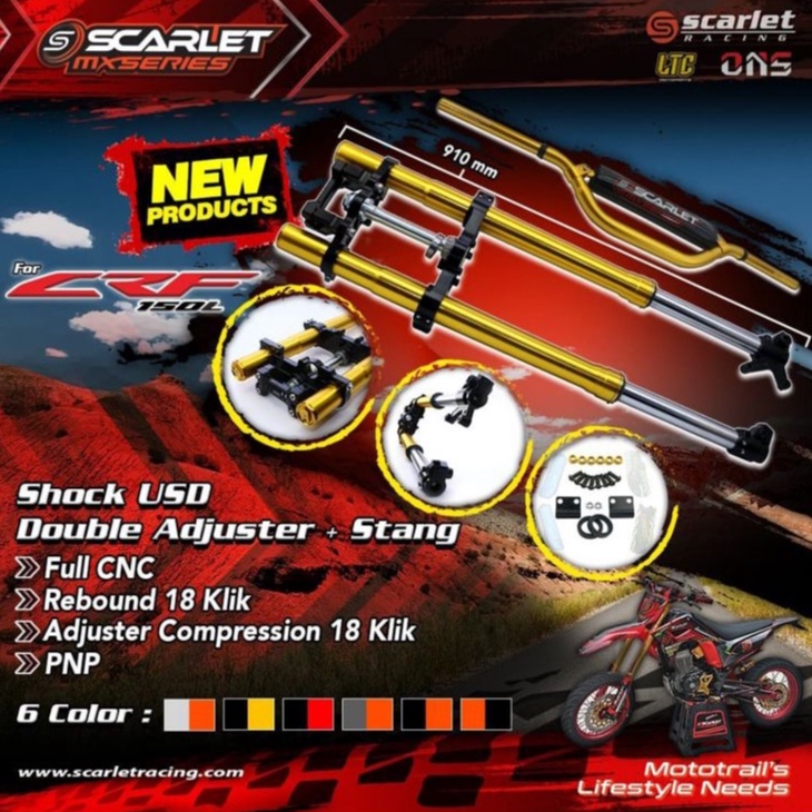 SHOCK DEPAN UPSIDE DOWN DOUBLE ADJUSTER FULL CNC + STANG CRF 150 L SCARLET RACING