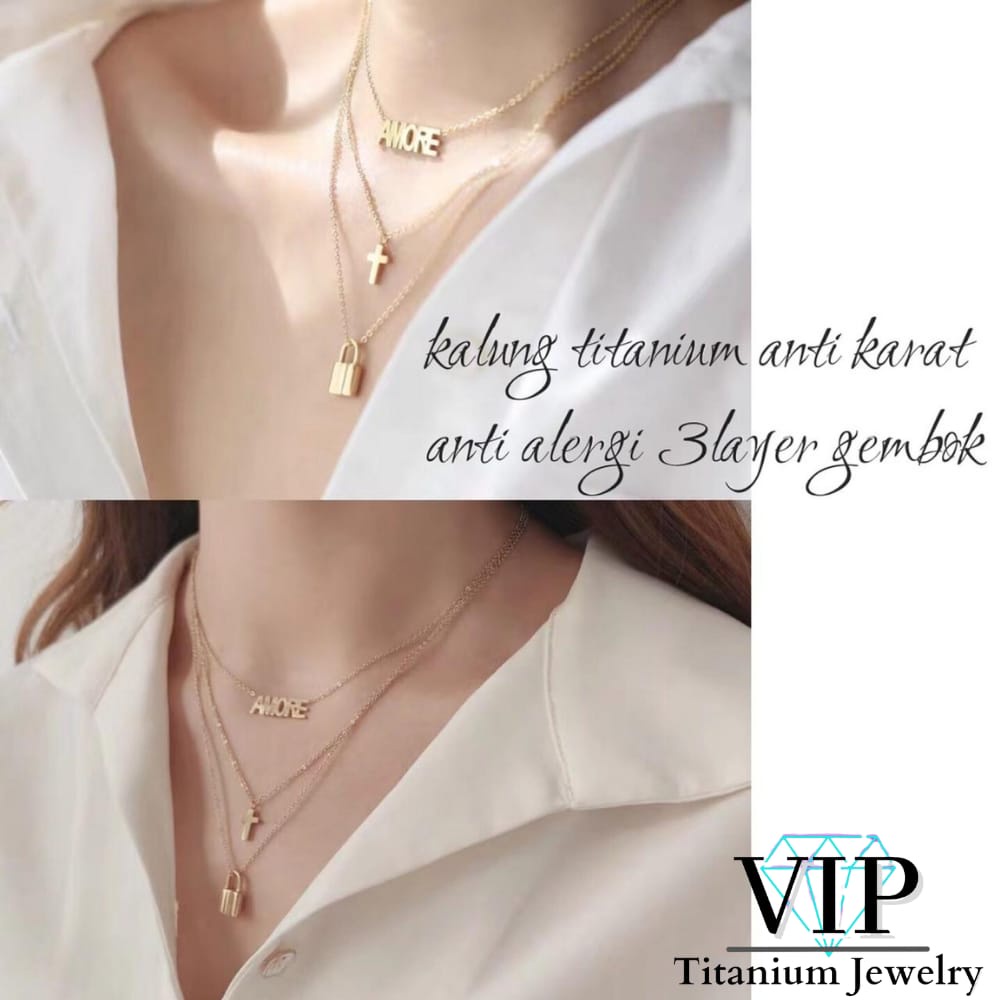 Kalung 3 layer rantai anti karat fashion liontin gembok aksesoris wanita korea titanium asli anti ka