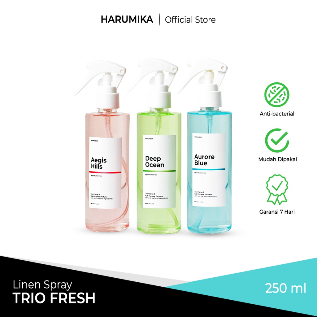 PAKET TRIO REKOMENDASI (isi 3) - Harumika 250ml LINEN SPRAY &amp; ROOM REFRESHER ANTI BACTERIAL