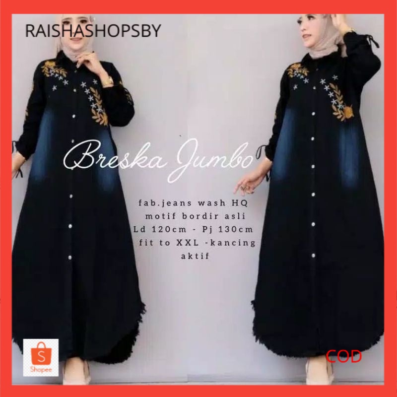 BRESKA JUMBO LONG TUNIK / MOSCHIA LONG TUNIK JEANS / TUNIK JEANS / ATASAN MUSLIM WANITA / TUNIK JINS
